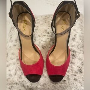 Mixx Shuz Heels | Pink & Black Faux Suede Peep Toe Ankle Strap Stiletto Size 7.5